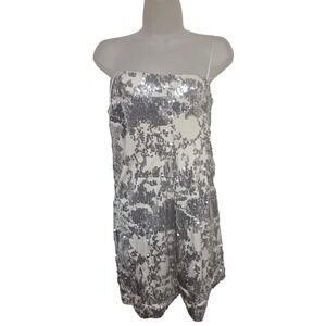 Vintage 90s JS Boutique Petite Silver Sequin Strapless Mini Dress Cocktail Party